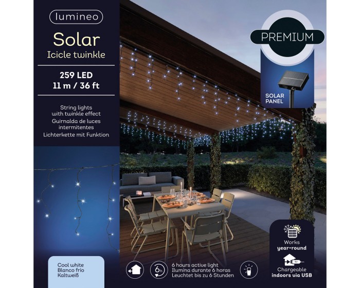 Lumineo Solar Icicle Lights, 1100 cm, 259L, schwarz/kaltweiß, 496296